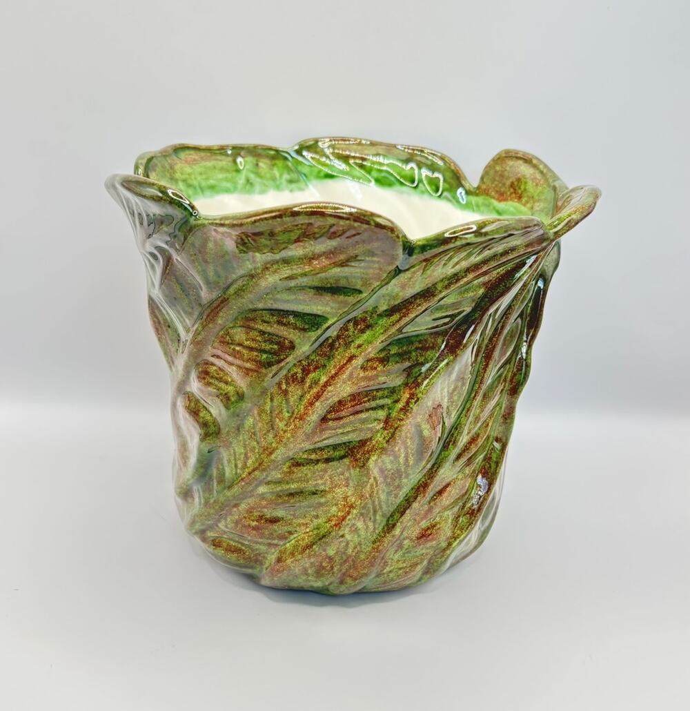 Vintage Jalisco Pottery Planter Banana Leaf Design Green Base with Red